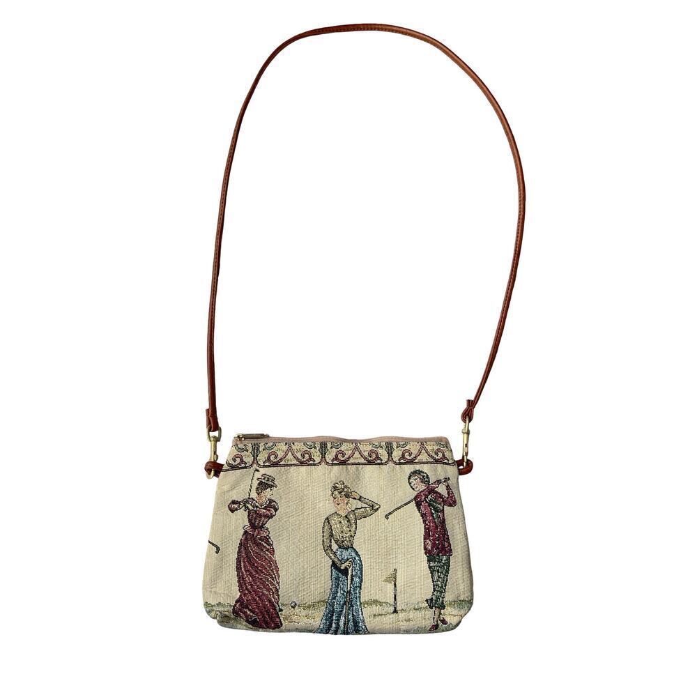 Vintage Tapestry Shoulder Bag with Victorian Golfers Scene & Brown Strap - Picture 3 of 11
